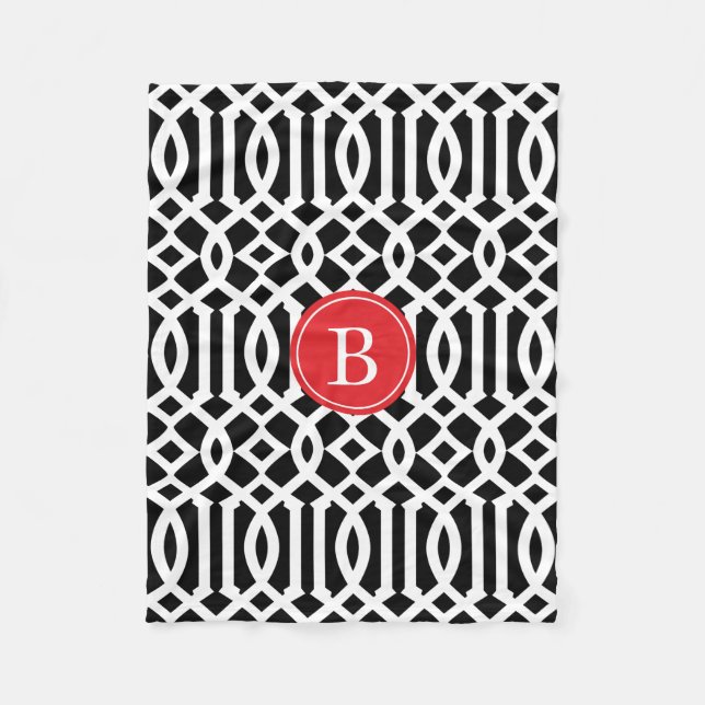 Black and Red Trellis Pattern Monogram Fleece Blanket (Front)