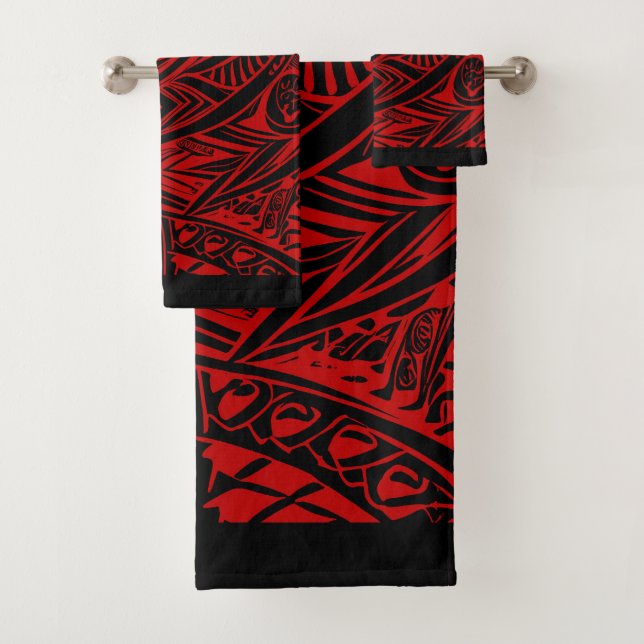 Black And Red Tribal Abstract Bath Towel Set (Insitu)