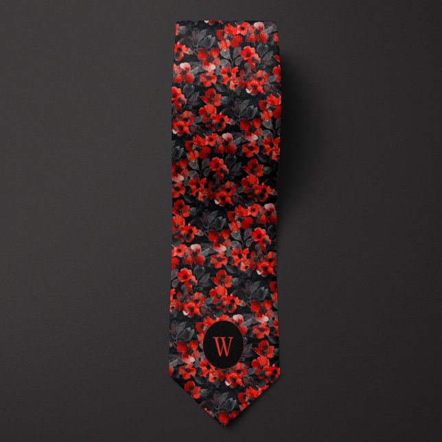 Black and Red Watercolor Floral Monogram Tie (Creator Uploaded)