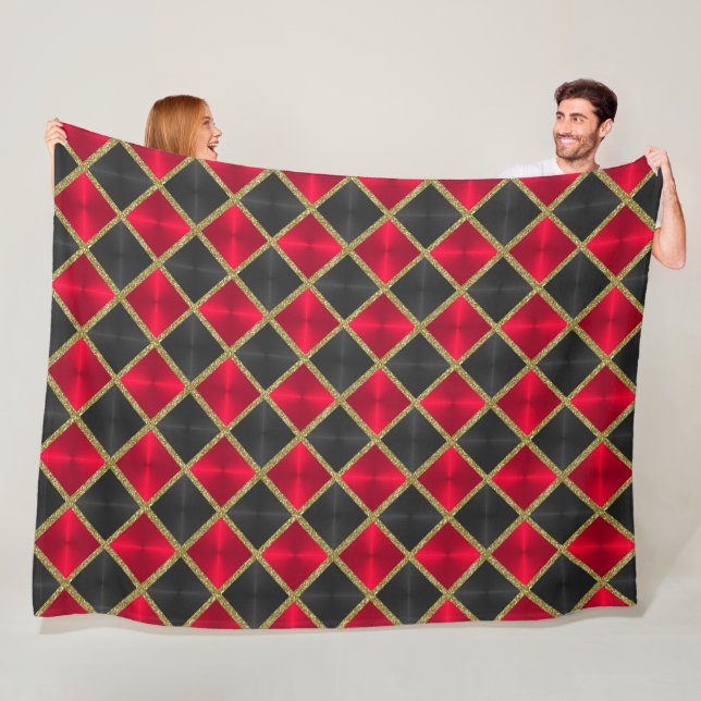 Black and Red with Gold Squares Fleece Blanket (In Situ)