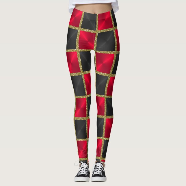 Black and Red with Gold Squares Leggings (Front)