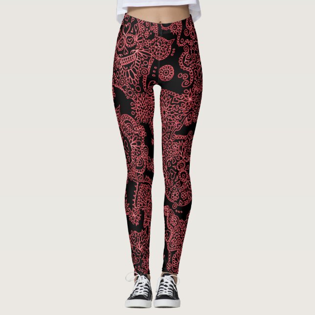 Black And Red Women's Skull Leggings (Front)