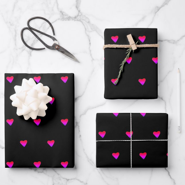 Black And Retro Pink Cute Tiny Hearts Minimalist  Wrapping Paper Sheet (Front)