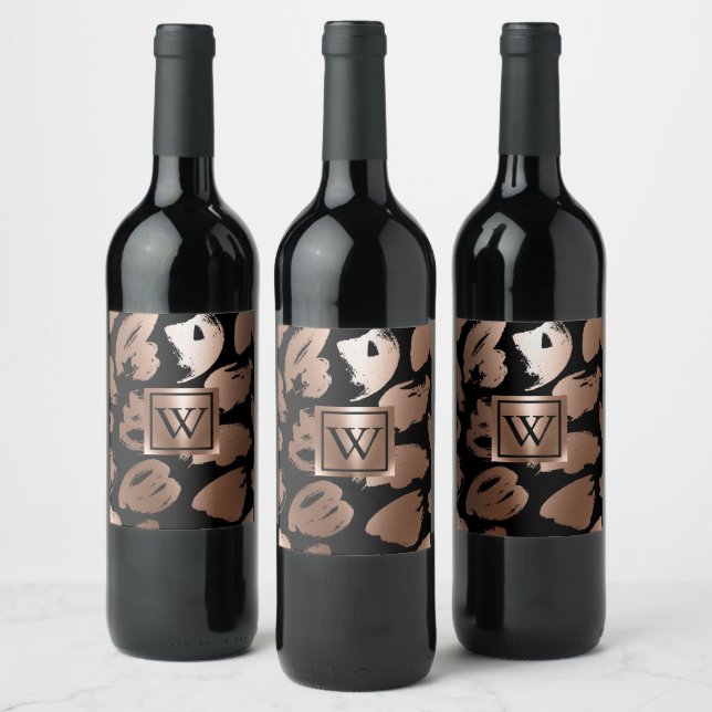 Black and Rose Gold Abstract Brush Wine Label (Bottles)