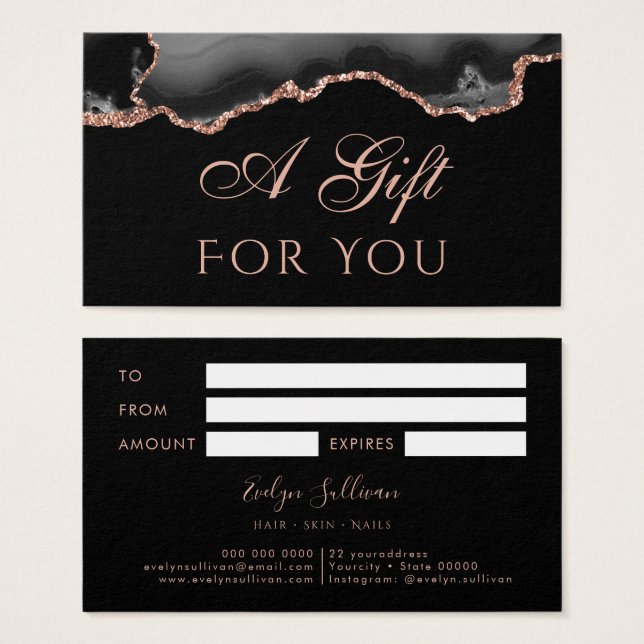 Black and rose gold Agate on Black Gift Card (Front & Back)