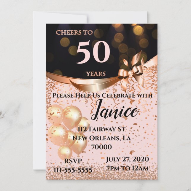 Black and Rose Gold Birthday Invitation (Front)