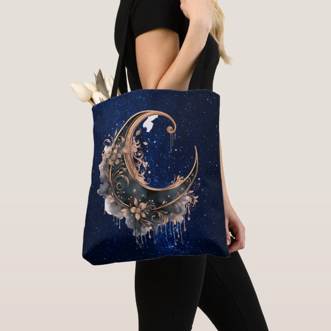 Black and Rose Gold Crescent Moon Halloween Tote Bag (Close Up)