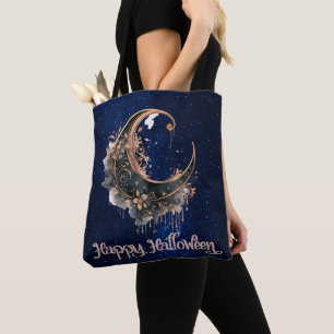 Black and Rose Gold Crescent Moon Halloween Tote Bag