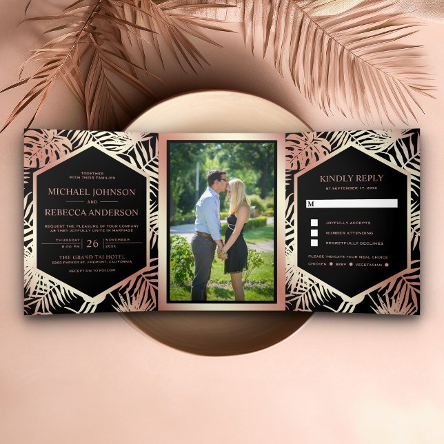 Black and Rose Gold Foil Tropical Palm Wedding Tri-Fold Invitation (Creator Uploaded)