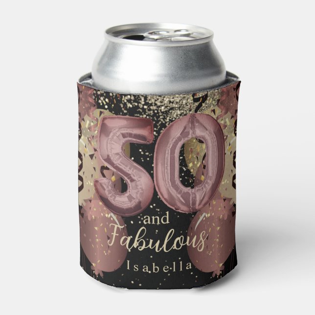 Black and Rose Gold Glitter 50th Birthday Can Cooler (Can Front)