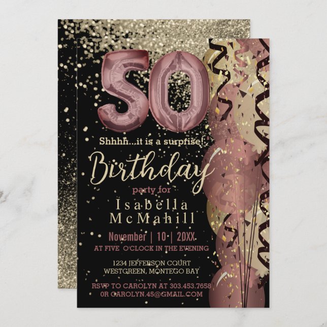 Black and Rose Gold Glitter 50th Birthday Invitation (Front/Back)