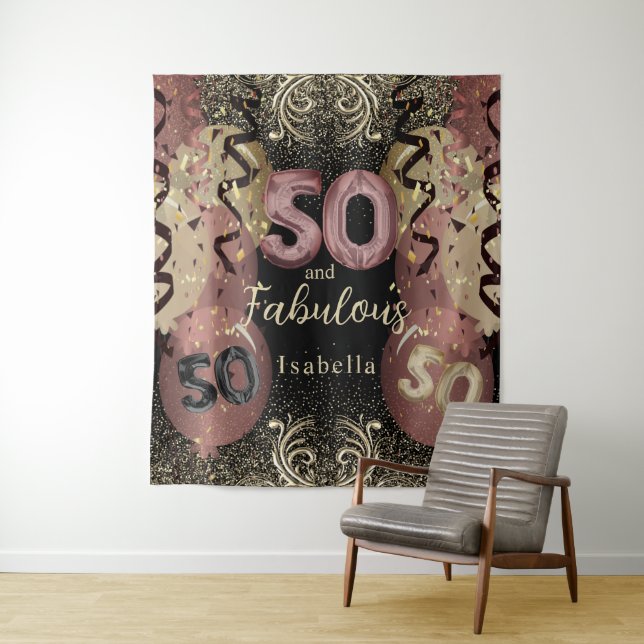 Black and Rose Gold Glitter 50th Birthday Tapestry (In Situ)