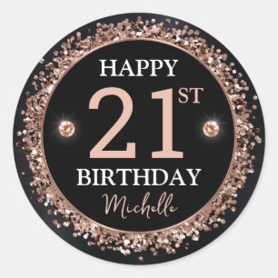 Black and Rose Gold Glitter Confetti Birthday Classic Round Sticker