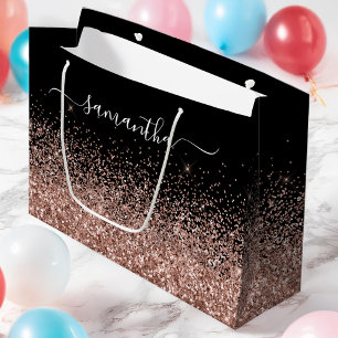 Black and Rose Gold Glitter Elegant Name Large Gift Bag