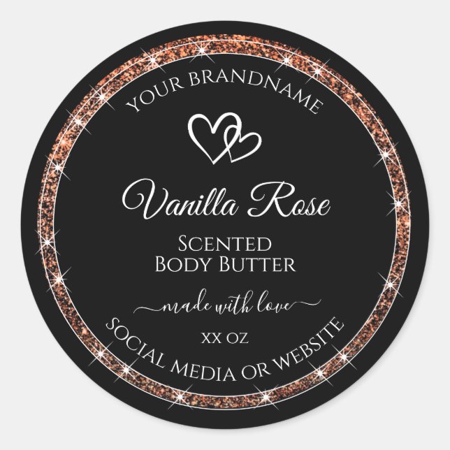 Black and Rose Gold Glitter Frame Product Labels (Front)