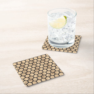 Black and rose gold honeycomb graphic pattern square paper coaster