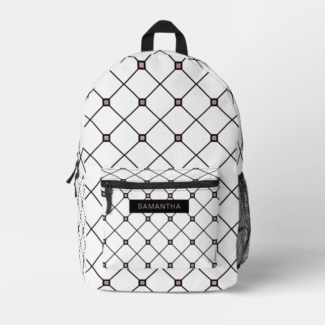 Black and Rose Gold in a White Background Diamond Printed Backpack (Front)