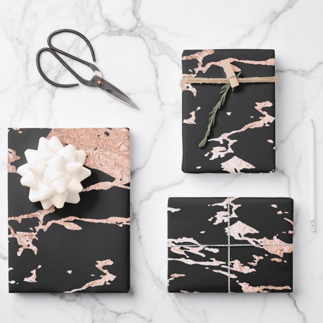 Black and Rose Gold Marble Look Wrapping Paper Sheet (Front)