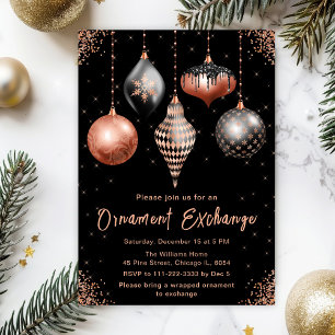 Black and Rose Gold Ornament Exchange Party Invitation