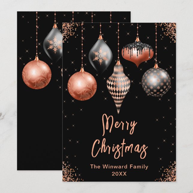 Black and Rose Gold Ornaments Merry Christmas Holiday Card (Front/Back)