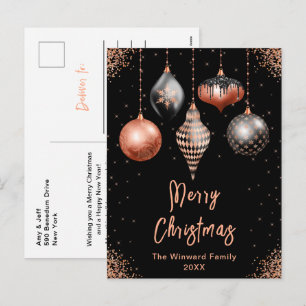 Black and Rose Gold Ornaments Merry Christmas Holiday Postcard