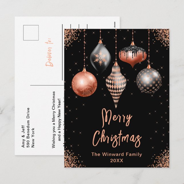 Black and Rose Gold Ornaments Merry Christmas Holiday Postcard (Front/Back)