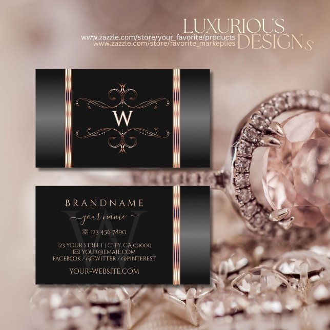Black and Rose Gold Ornate Ornaments with Monogram Business Card (Creator Uploaded)