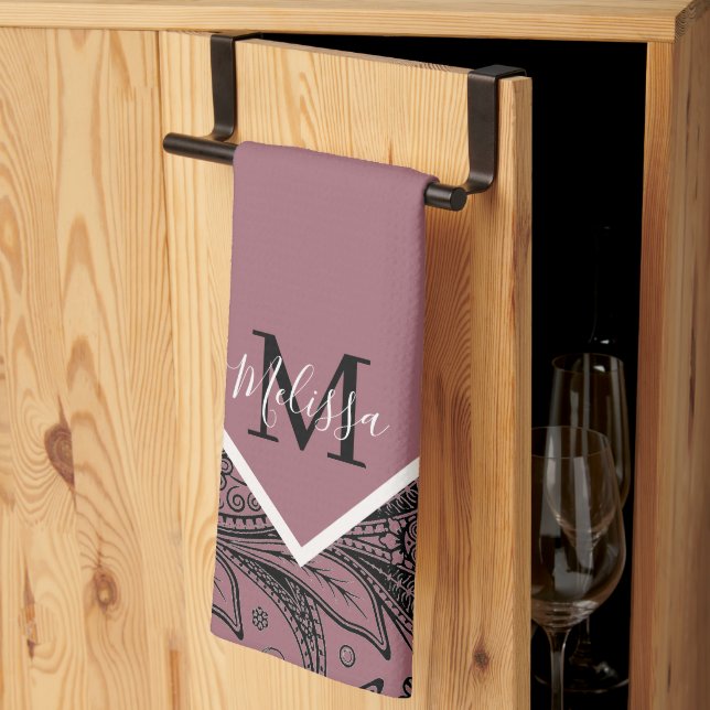 Black and rose gold paisley kitchen towel (Thirds Fold)