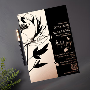 Black and Rose Gold Peony QR code Invitation