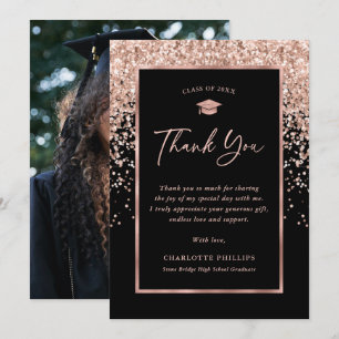 Black and Rose Gold Photo Graduation Thank You Card