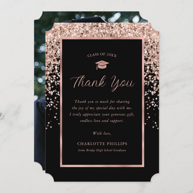 Black and Rose Gold Photo Graduation Thank You Card (Front/Back)