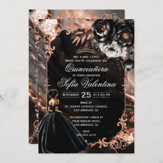 Black and Rose Gold Quinceañera Invitation