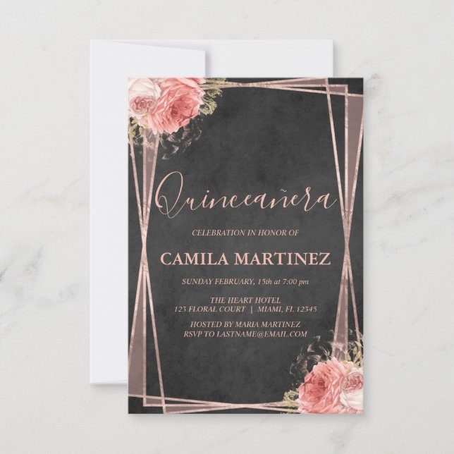 Black and Rose Gold Quinceanera Party Invitation (Front)