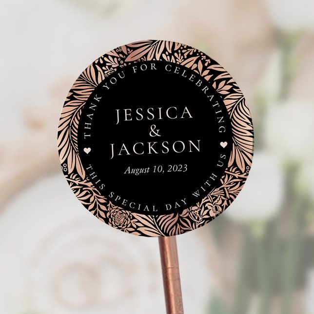 Black and Rose Gold Wedding Thank You  Classic Round Sticker (Creator Uploaded)