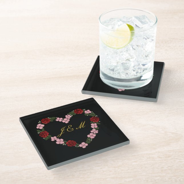 black and rose wedding glass coaster (Angled)