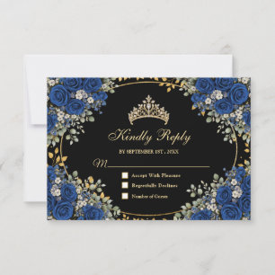 Black and Royal Blue Golden Quinceañera Butterfly RSVP Card