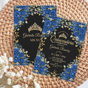 Black and Royal Blue Roses Golden Quinceañera  Invitation
