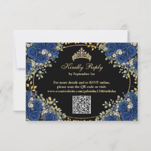Black and Royal Blue Roses Golden Quinceañera RSVP Card