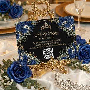 Black and Royal Blue Roses Golden Quinceañera  RSVP Card