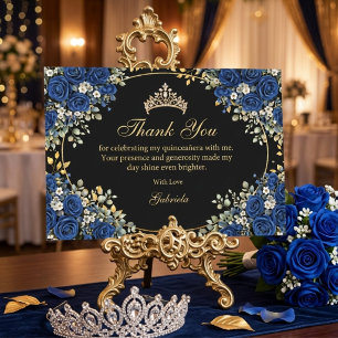 Black and Royal Blue Roses Golden Quinceañera Thank You Card