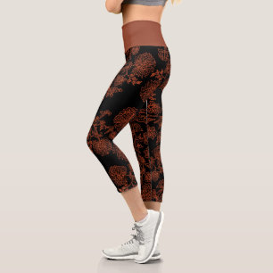 Black and Rust Floral Capri Yoga Leggings