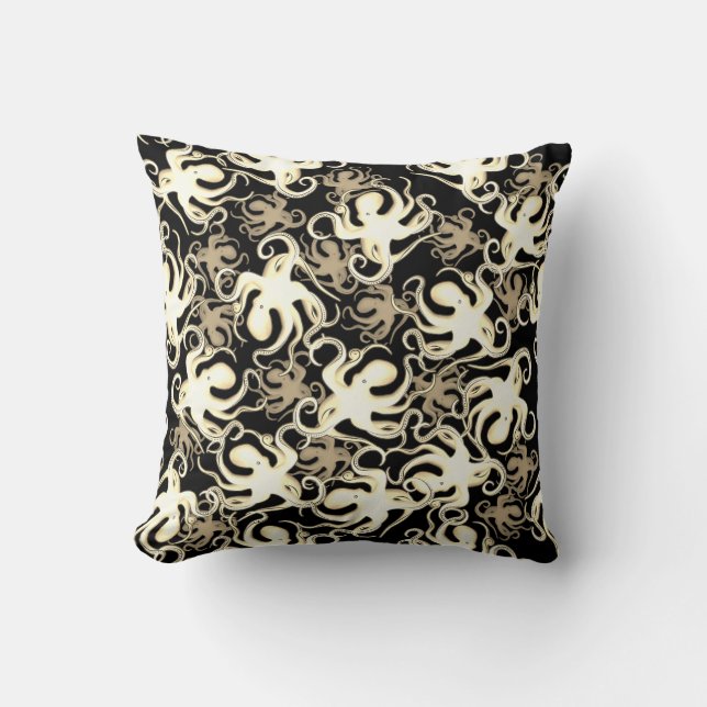 Black And Sepia Repeating Motif | Octopus Pattern Cushion (Front)