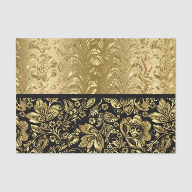 Black And Shiny Gold Floral Damasks Tissue Paper (Front)