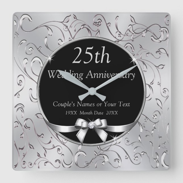 Black and Silver 25th Wedding Anniversary Gifts Square Wall Clock (Front)