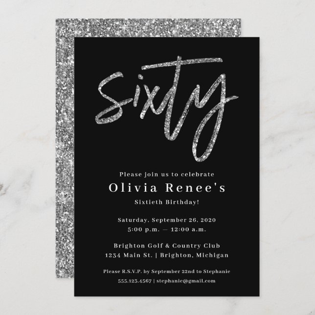 Black and Silver 60th Birthday Invitation Template (Front/Back)