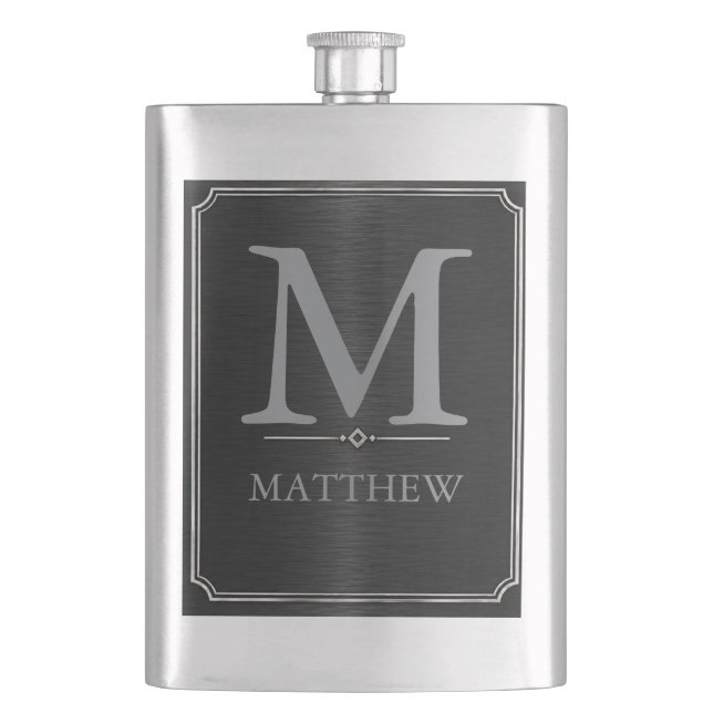 Black and Silver Art Deco Frame Hip Flask (Front)