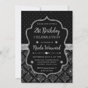 Black and Silver Art Deco Glitter 21st Birthday Invitation
