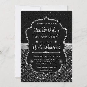 Black and Silver Art Deco Glitter 21st Birthday Invitation
