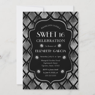 Black and Silver Art Deco Vintage Frame Sweet 16 Invitation