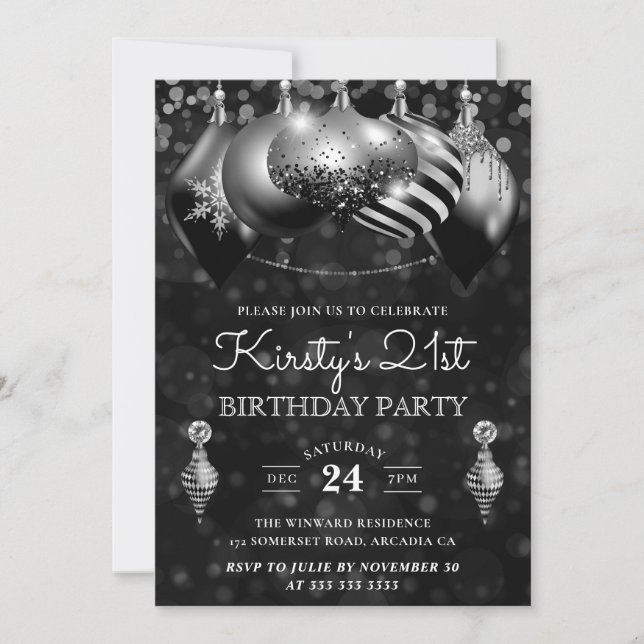 Black and Silver Christmas Baubles 21st Birthday Invitation (Front)